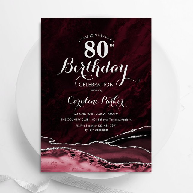 Convites Burgundy Silver Agate Marble 80 Aniversário (Criador carregado)