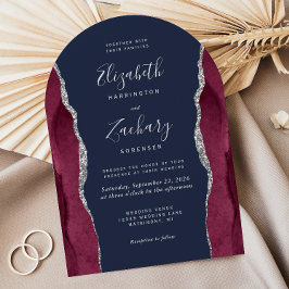 Convites Burgundy Silver Agate Navy Blue Arch Shape Wedding