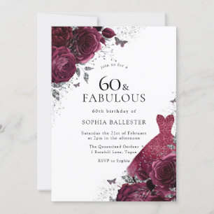 Convites Burgundy & Silver Dress Floral Rosas 60º Aniversár