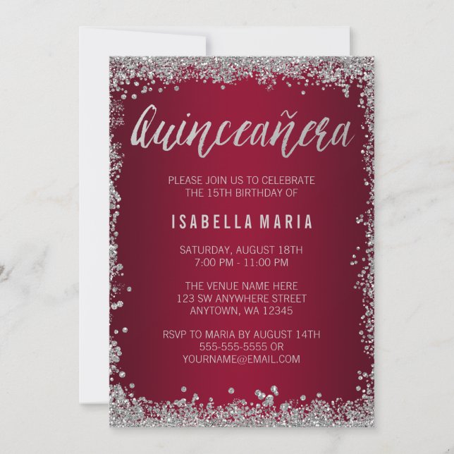 Convites Burgundy Silver Glitter Quinceanera 15 Birthday (Frente)