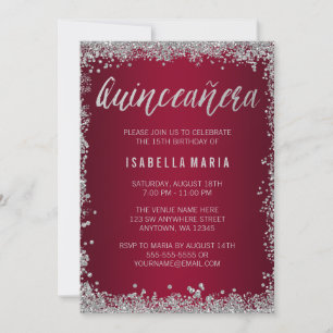 Convites Burgundy Silver Glitter Quinceanera 15 Birthday