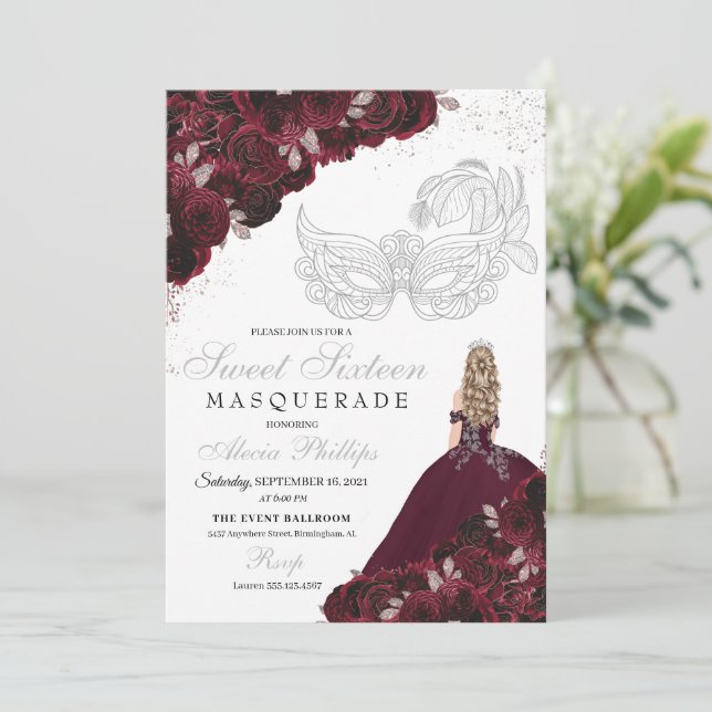 Convites Burgundy & Silver Glitter Sweet 16 Mascarada (Em pé/Frente)