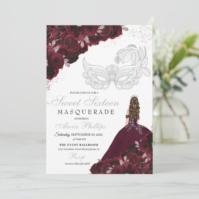 Convites Burgundy & Silver Glitter Sweet 16 Mascarada (Em pé/Frente)