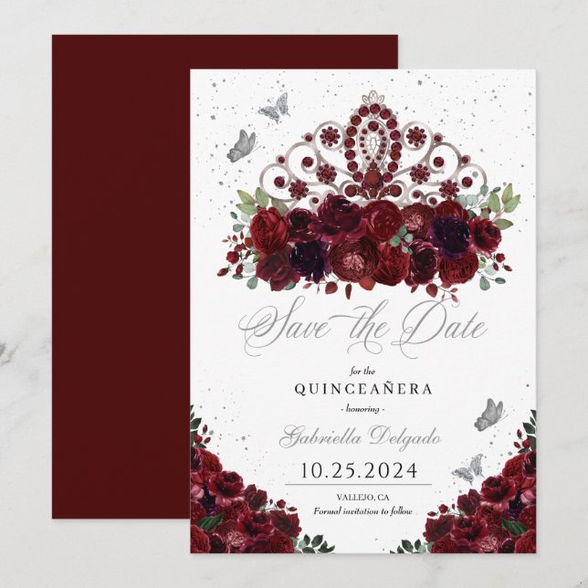 Convites Burgundy & Silver Tiara Salvem A Data Quinceañera (Frente/Verso)