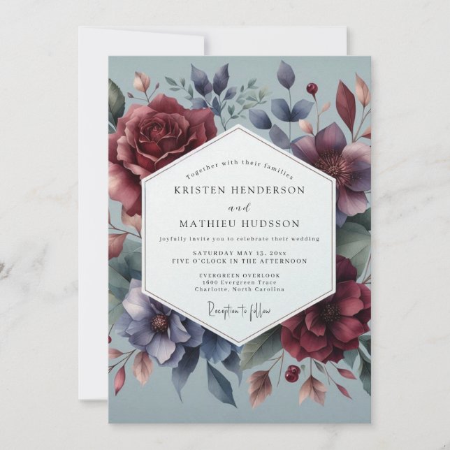 Convites Burgundy & Slate Moody Bloom Wedding (Frente)