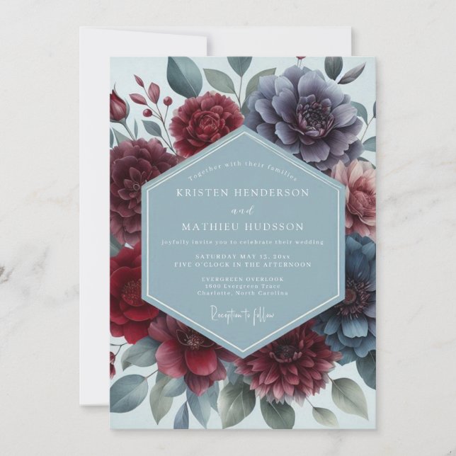 Convites Burgundy Slate Moody Floral Wedding (Frente)