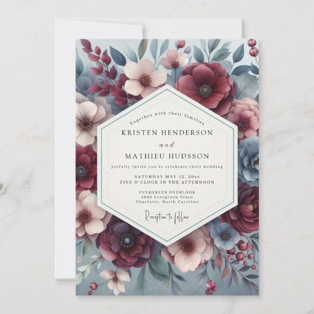 Convites Burgundy & Slate Poetic Bloom Wedding (Frente)
