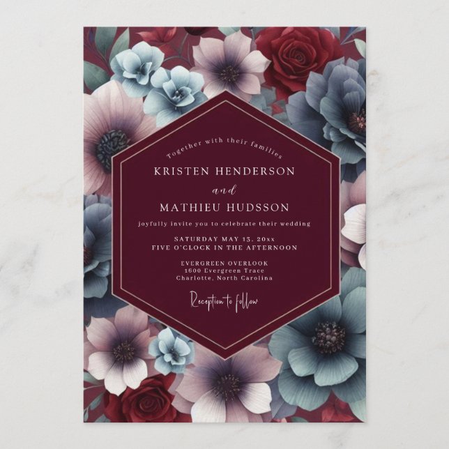 Convites Burgundy Slate Twilight Bloom Wedding (Frente)