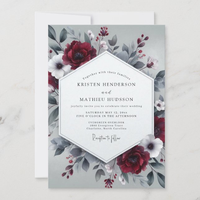 Convites Burgundy Slate Wintry Bloom Wedding (Frente)