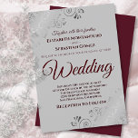 Convites Burgundy sobre Cinzas com Casamento de Prata Lacy<br><div class="desc">Este simples mas elegante convite de casamento mostra uma escrita burgundy em um fundo de lama de cinza. O design é subestimado, mas os cantos apresentam um filigre floral de folha fina prateada ornamentado com cachos e fritos. O texto é formal e tradicional, mas a design de chic torna esse...</div>