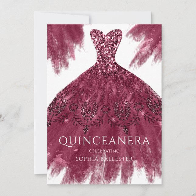 Convites Burgundy Sparkle Dress Elegante Gown Quinceanera (Frente)