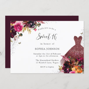 Convites Burgundy Sparkle Dress Floral Sweet 16 Party