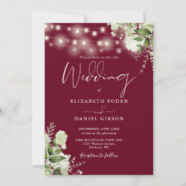 Convites Burgundy String Lights Floral Código QR Casamento
