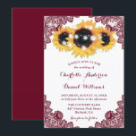 Convites Burgundy Sunflower Floral Lace Wedding<br><div class="desc">Elegant rustic burgundy and sunflower wedding featuring sunflowers,  string lights and delicate floral lace.</div>