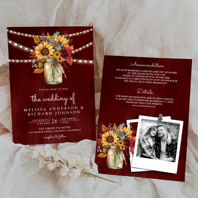 Convites Burgundy Sunflower Mason Jar All in One Wedding (Criador carregado)