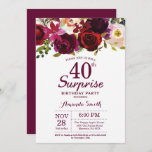 Convites Burgundy Surprise aniversário de 40 anos<br><div class="desc">Convite de festas de aniversário de 40 anos de Surpresa Floral Burgundy para mulheres. Festa de aniversário Vermelha Burgundy Convida. Flor Floral de Aquarela. 13 16º 30 18º 20 21rua 40º 50º 90 de 60º 70 de 100º 80 de qualquer idade. Digital Imprimível.Para mais personalização, clique no botão "Personalizar" e...</div>