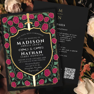 Convites Burgundy Sword Shield Fantasy Código QR Casamento