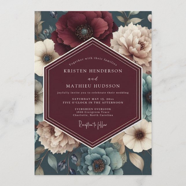 Convites Burgundy Teal Bloom Wedding (Frente)