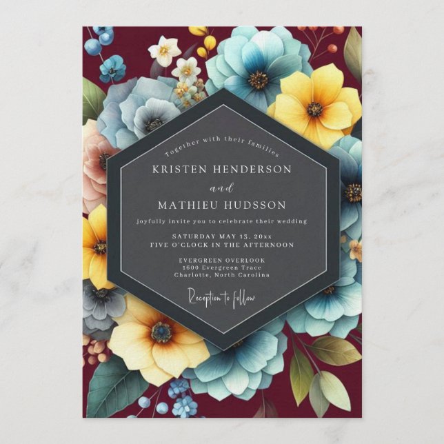 Convites Burgundy & Teal Vibrant Bloom Wedding (Frente)
