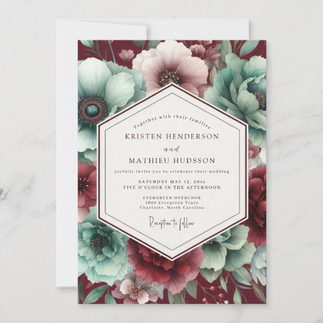Convites Burgundy & Teal Vintage Bloom Wedding (Frente)
