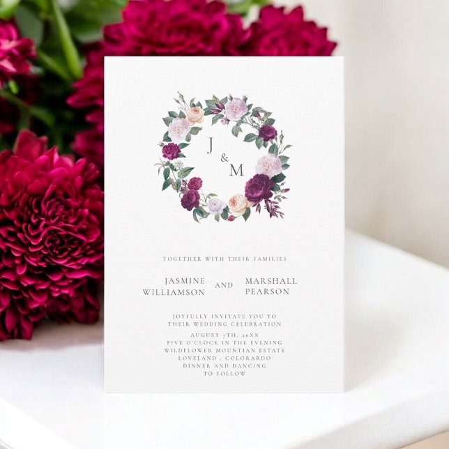 Convites Burgundy, tema de casamento floral, monograma eleg (beautiful modern burgunday wedding invitation )