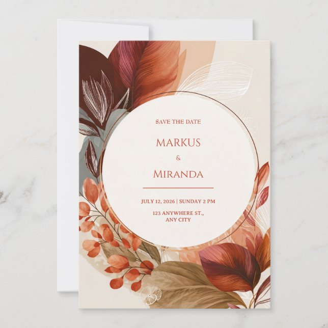 Convites Burgundy Terracotta Circular Botanical Wedding (Frente)