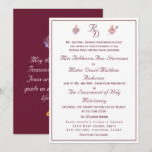 Burgundy Two Hearts Catholic Wedding Invitation