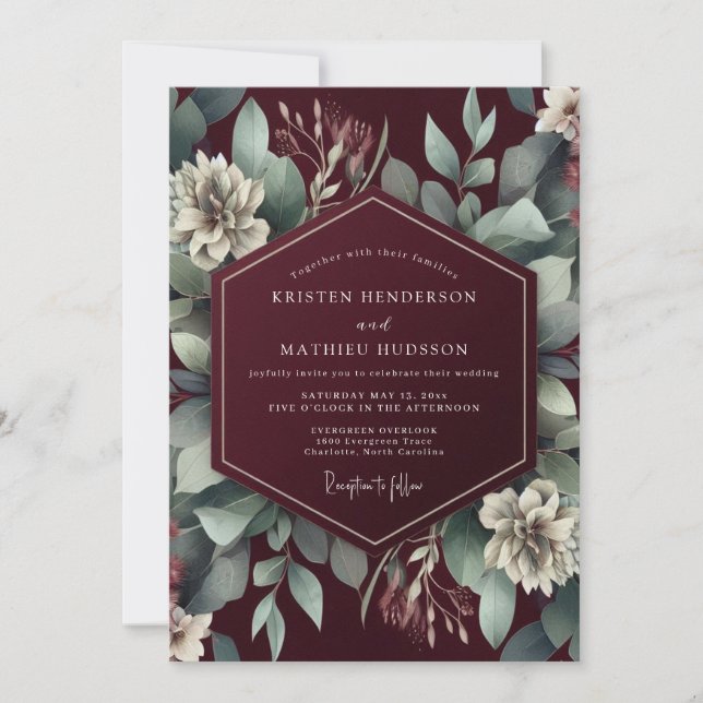 Convites Burgundy Verdant Botanical Dream Wedding (Frente)