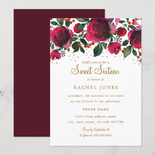 Convites Burgundy Vermelho Dourado Floral Doce Dezesseis An