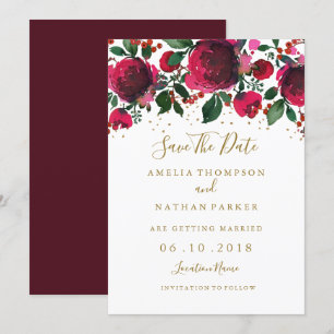 Convites Burgundy Vermelho Dourado Floral Save The Date