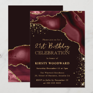 Convites Burgundy Vermelho e Dourado Brilho Ágata Aniversár