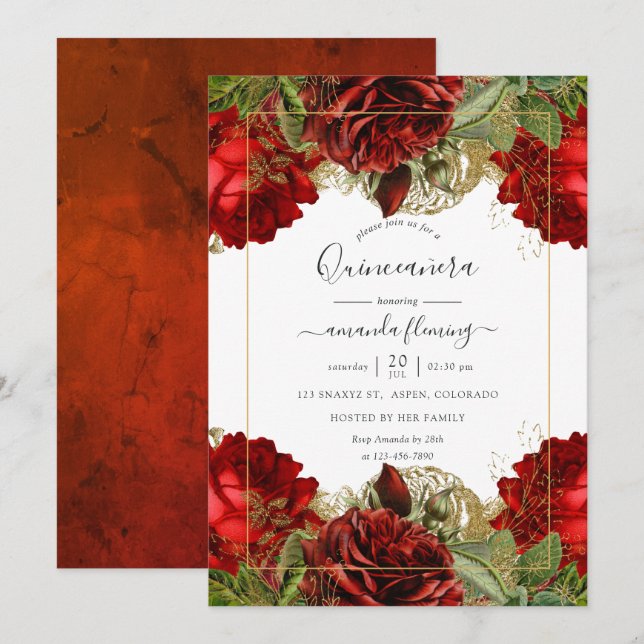 Convites Burgundy Vermelho e Dourado Rosas Vintage Quinceañ (Frente/Verso)