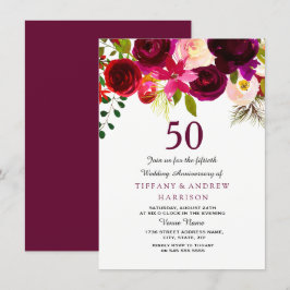 Convites Burgundy Vermelho Floral Boho 50º Aniversário de C