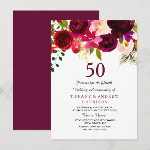 Convites Burgundy Vermelho Floral Boho 50º Aniversário de C