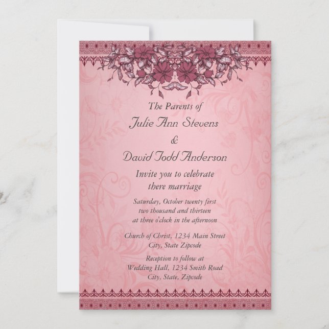 Convites Burgundy Vintage Lace Wedding (Frente)