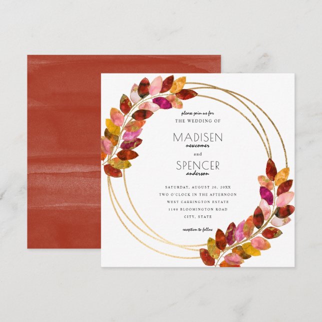 Convites Burgundy Watercolor Deixa Casamento Dourado (Frente/Verso)