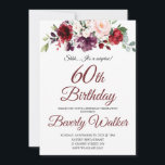 Convites Burgundy Watercolor Floral 60th Surprise Birthday<br><div class="desc">Celebre um aniversário especial com este belo convite de aniversário botânico rosa de aquarela que apresenta bordas florais em cada lado do texto elegantemente colocado. As cores incluem o rosa pálido pincelado, vermelho enterrado profundo e ameixa misturados com verde etéreo e minúsculas flores brancas de sotaque. Personalize o modelo de...</div>