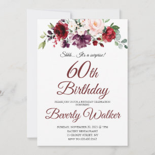 Convites Burgundy Watercolor Floral 60th Surprise Birthday