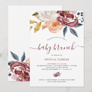 Convites Burgundy Watercolor Floral   Baby Brunch