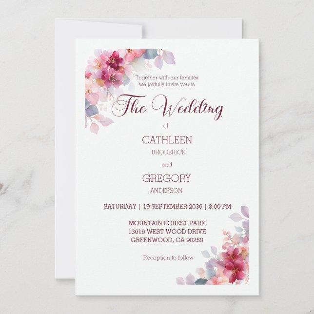 Convites Burgundy Watercolor Floral Calligraphy Wedding (Frente)