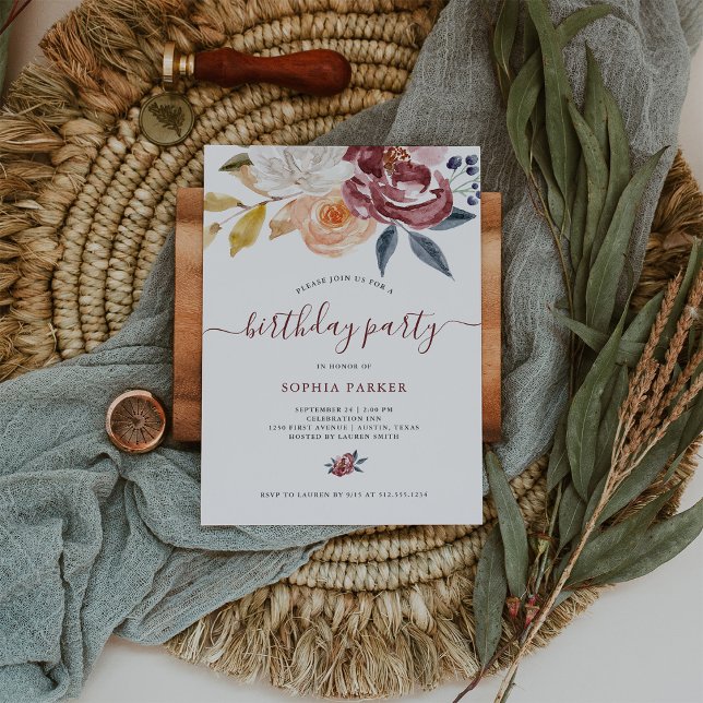 Convites Burgundy Watercolor Floral | FESTA DE ANIVERSÁRIO (Criador carregado)