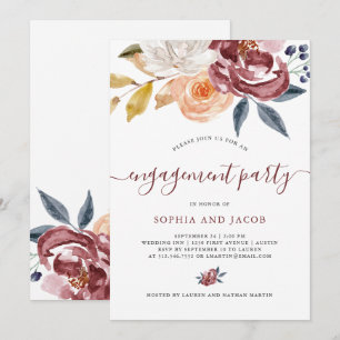 Convites Burgundy Watercolor Floral   Festa de noivado