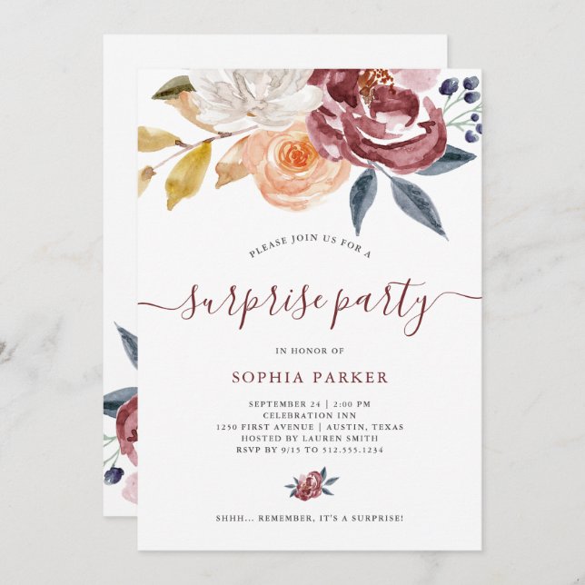 Convites Burgundy Watercolor Floral | Parte Surpresa (Frente/Verso)