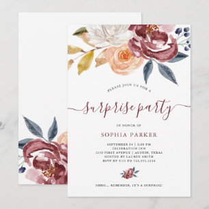 Convites Burgundy Watercolor Floral   Parte Surpresa