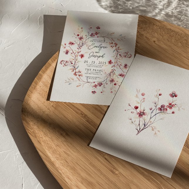 Convites Burgundy Watercolor Flowers Boho Moderno Casamento (Criador carregado)