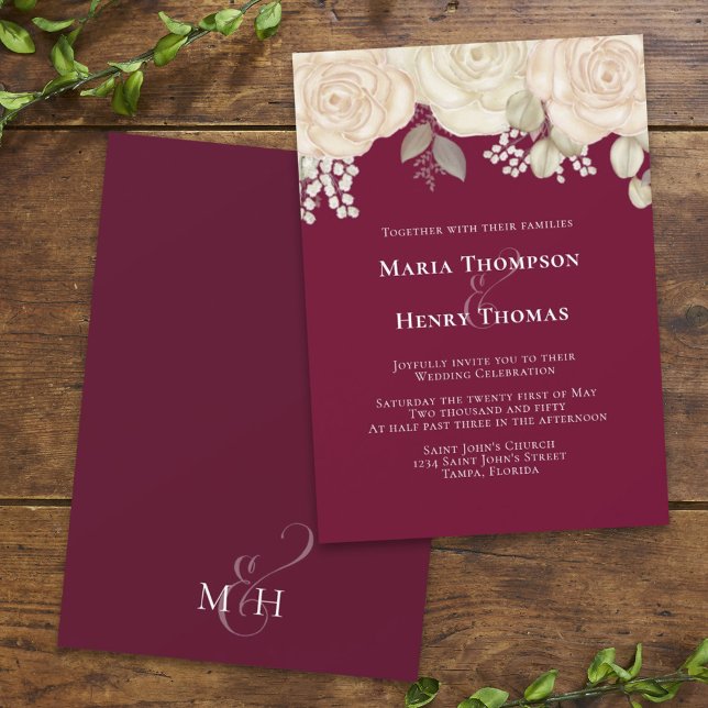 Convites Burgundy Watercolor Ivory Floral (Criador carregado)