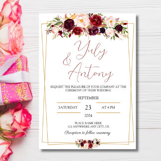 Convites Burgundy watercolor modern flowers invitation