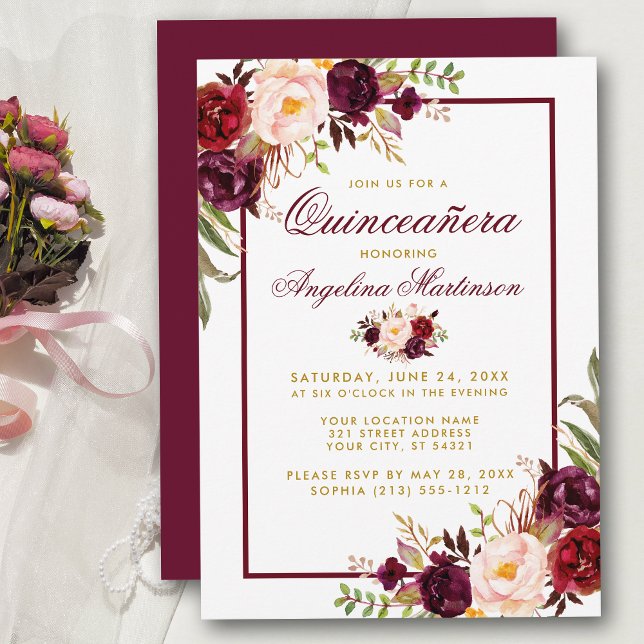 Convites Burgundy Watercolor Quinceanera Dourada Floral (Customize to change text color, style, add text & photos to back or change color of back of card.)