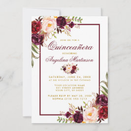 Convites Burgundy Watercolor Quinceanera Dourada Floral