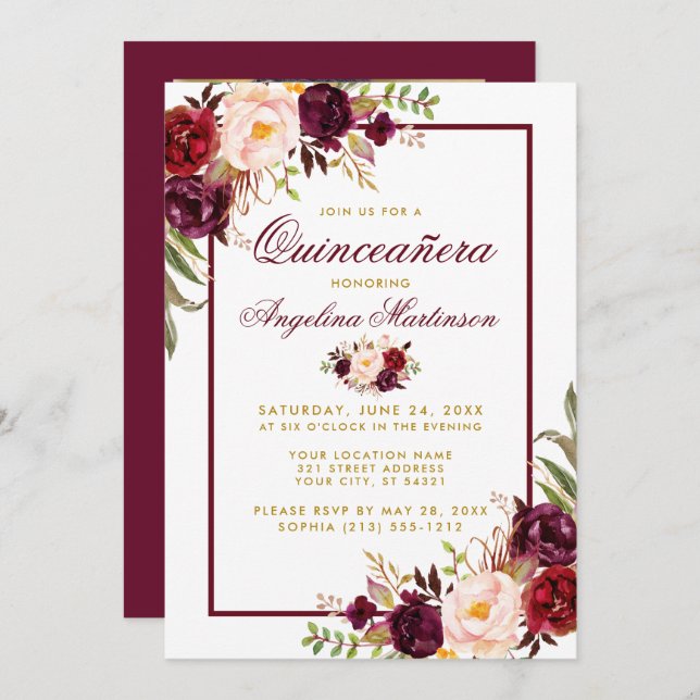Convites Burgundy Watercolor Quinceanera Dourada Floral (Frente/Verso)